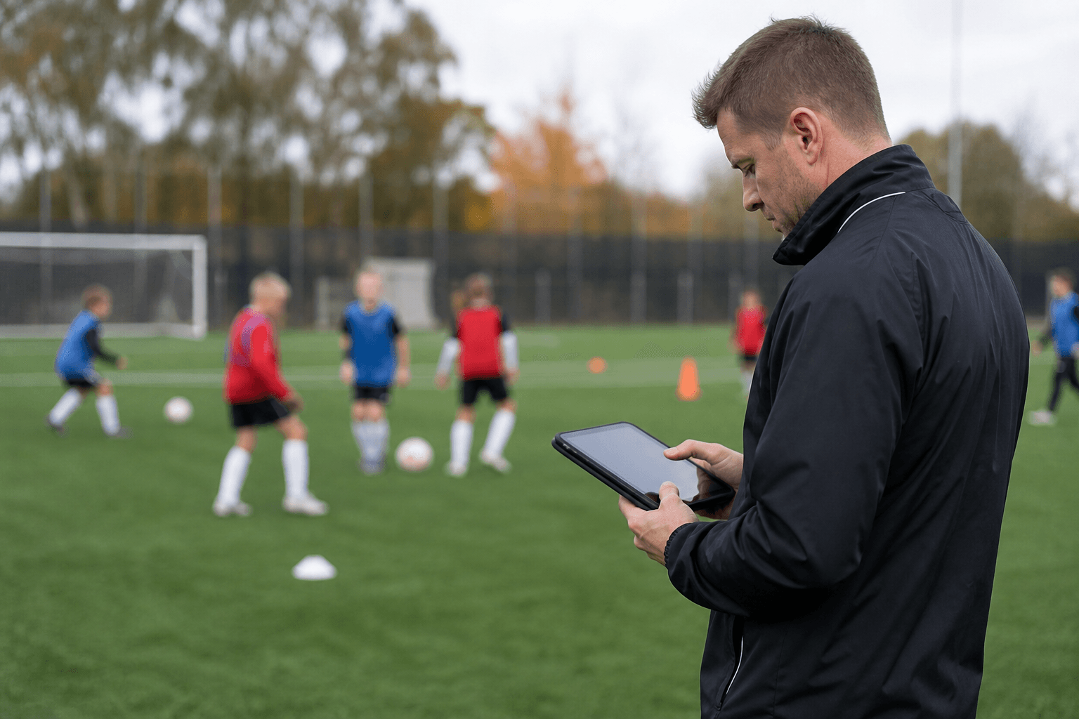 Coach using a tablet beside the pitch to review player notes